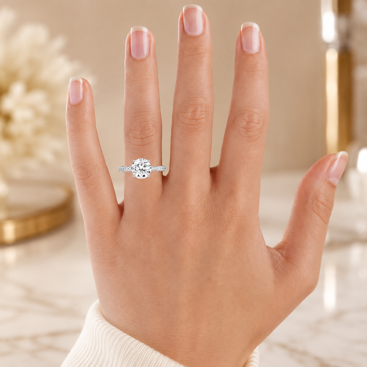 4.00 CT Round Lab-Grown Diamond Petite Twisted Vine Engagement Ring in 14K White Gold – Scalloped Pavé Solitaire Design