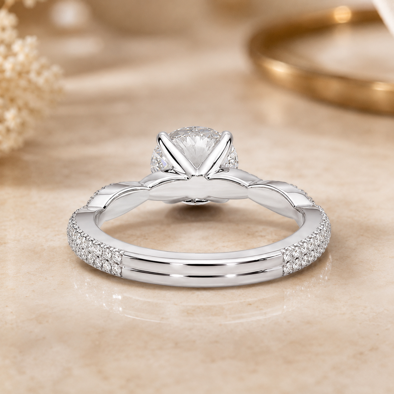 4.00 CT Round Lab-Grown Diamond Petite Twisted Vine Engagement Ring in 14K White Gold – Scalloped Pavé Solitaire Design