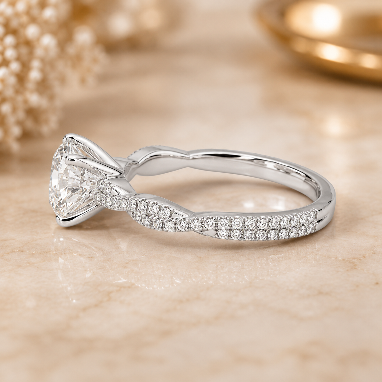 4.00 CT Round Lab-Grown Diamond Petite Twisted Vine Engagement Ring in 14K White Gold – Scalloped Pavé Solitaire Design