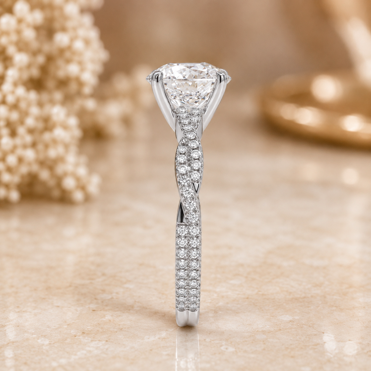 4.00 CT Round Lab-Grown Diamond Petite Twisted Vine Engagement Ring in 14K White Gold – Scalloped Pavé Solitaire Design