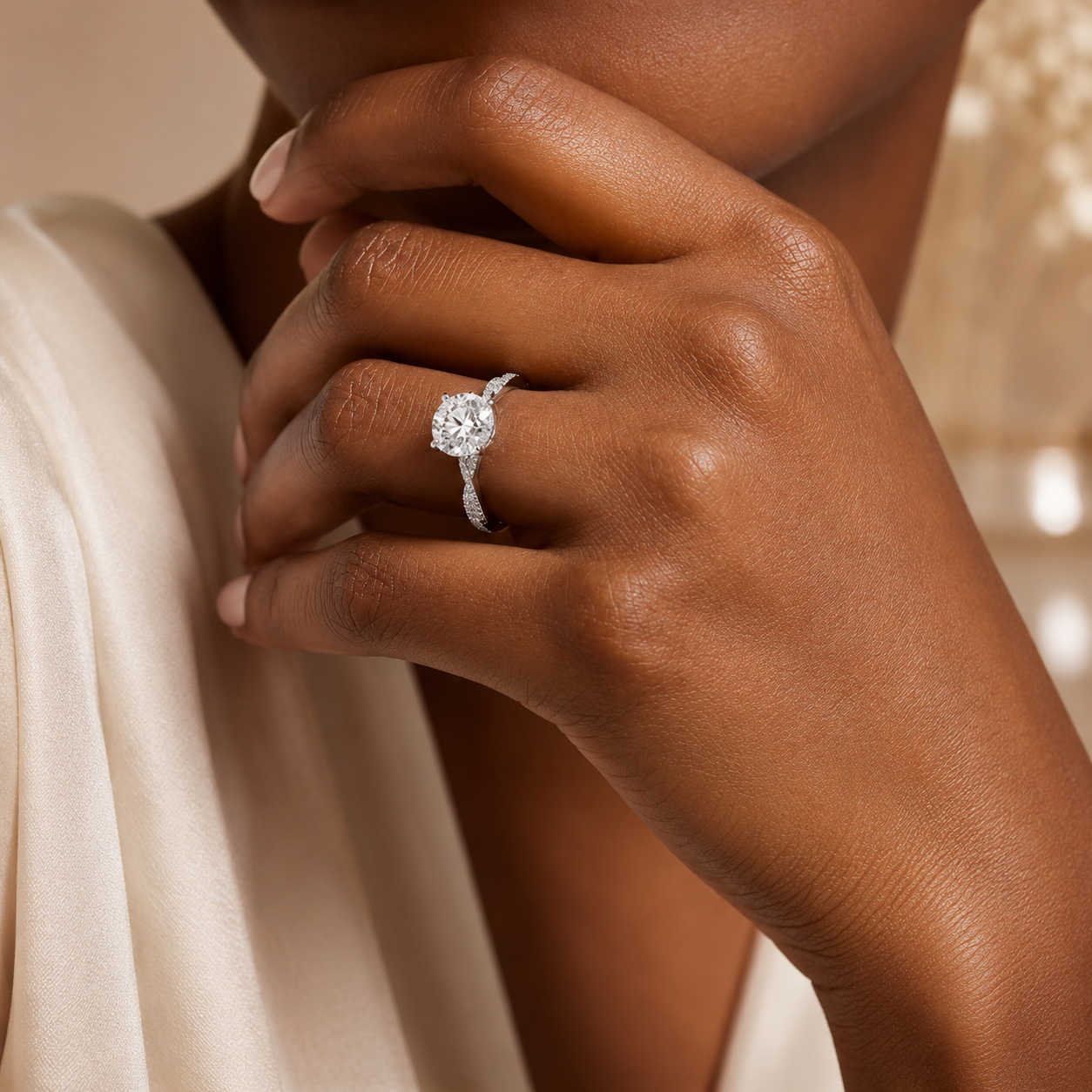 4.00 CT Round Lab-Grown Diamond Petite Twisted Vine Engagement Ring in 14K White Gold – Scalloped Pavé Solitaire Design