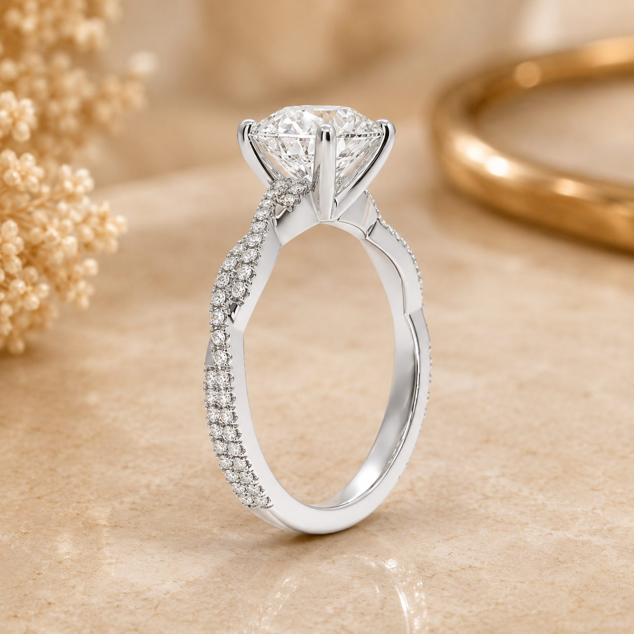 4.00 CT Round Lab-Grown Diamond Petite Twisted Vine Engagement Ring in 14K White Gold – Scalloped Pavé Solitaire Design