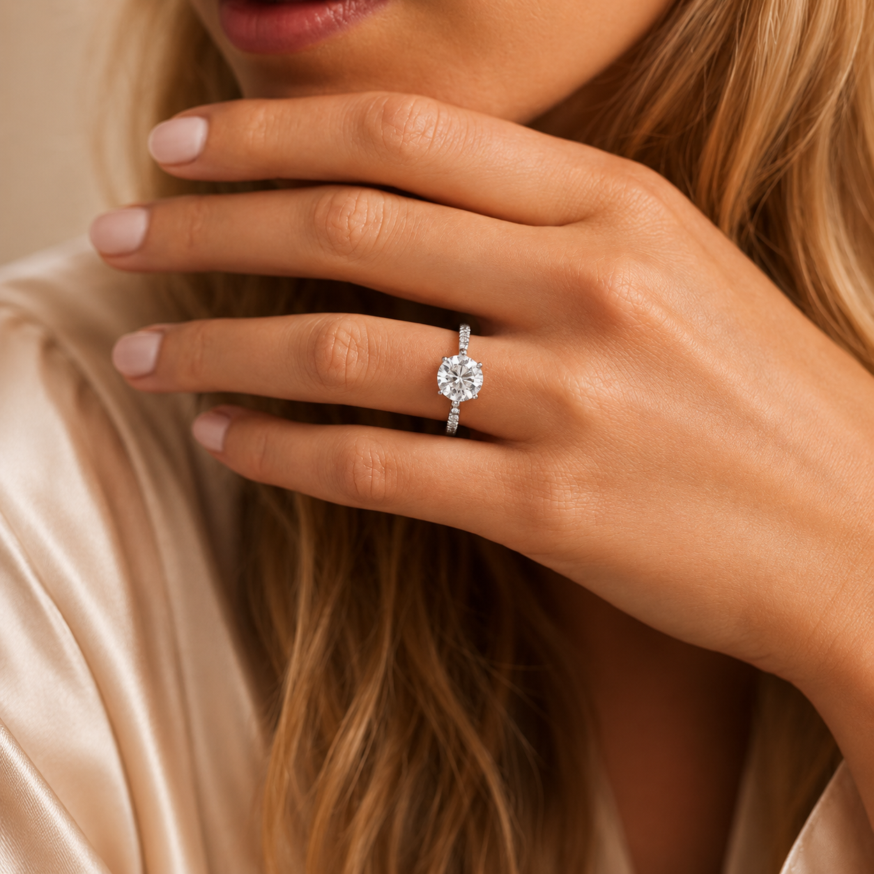 4.00 CT Round Lab-Grown Diamond Petite Twisted Vine Engagement Ring in 14K White Gold – Scalloped Pavé Solitaire Design