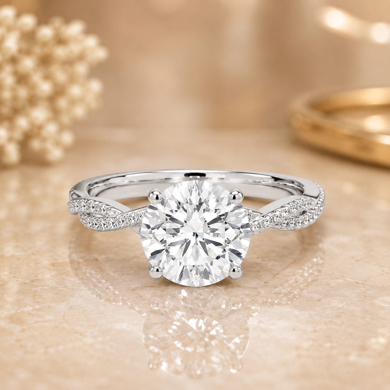 4.00 CT Round Lab-Grown Diamond Petite Twisted Vine Engagement Ring in 14K White Gold – Scalloped Pavé Solitaire Design