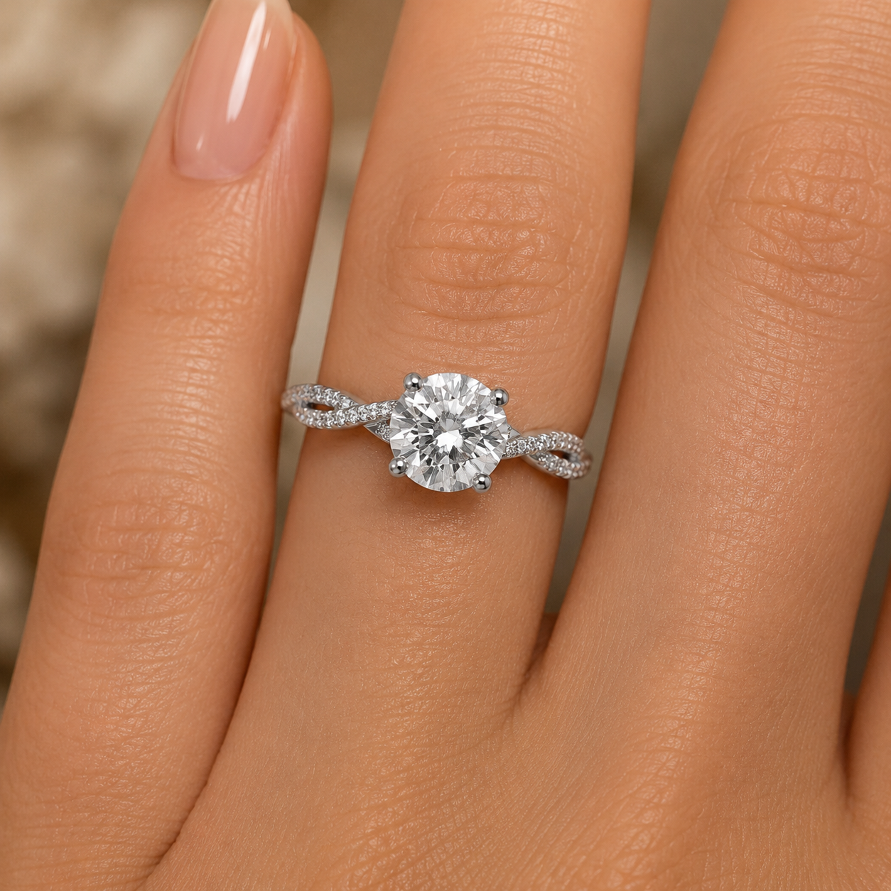 4.00 CT Round Lab-Grown Diamond Petite Twisted Vine Engagement Ring in 14K White Gold – Scalloped Pavé Solitaire Design