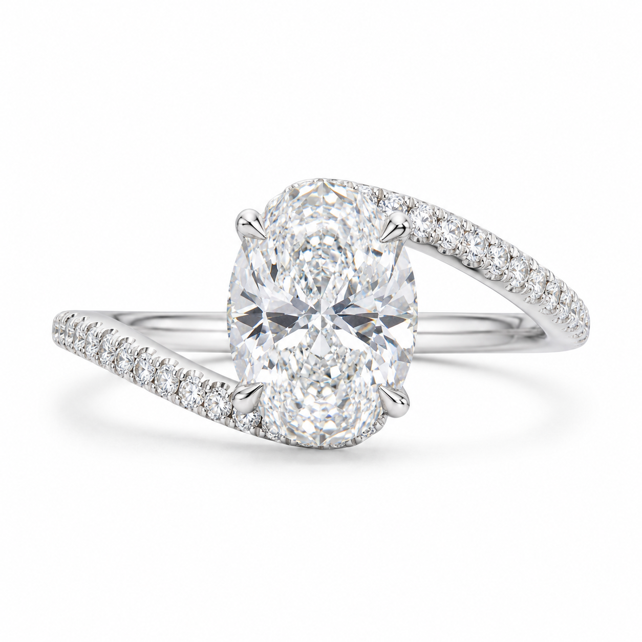 3.00 CT Oval Lab-Grown Diamond Hidden Halo Engagement Ring in 14K White Gold – Twisted Bypass Pavé Design | IGI Certified