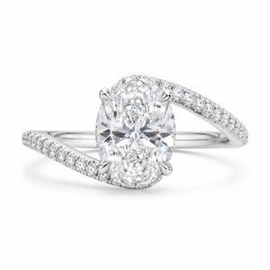 3.00 CT Oval Lab-Grown Diamond Hidden Halo Engagement Ring in 14K White Gold – Twisted Bypass Pavé Design | IGI Certified
