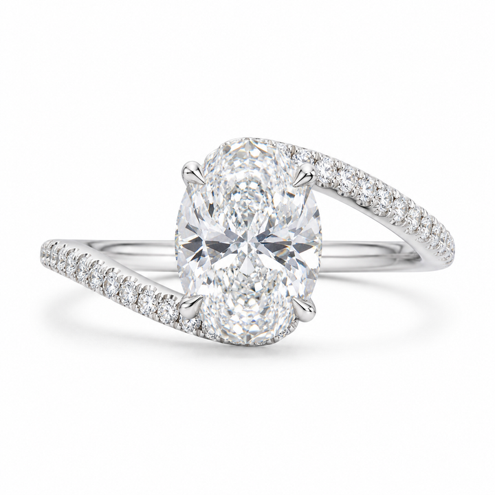 3.00 CT Oval Lab-Grown Diamond Hidden Halo Engagement Ring in 14K White Gold â€“ Twisted Bypass PavÃ© Design | IGI Certified from Diamond Studio