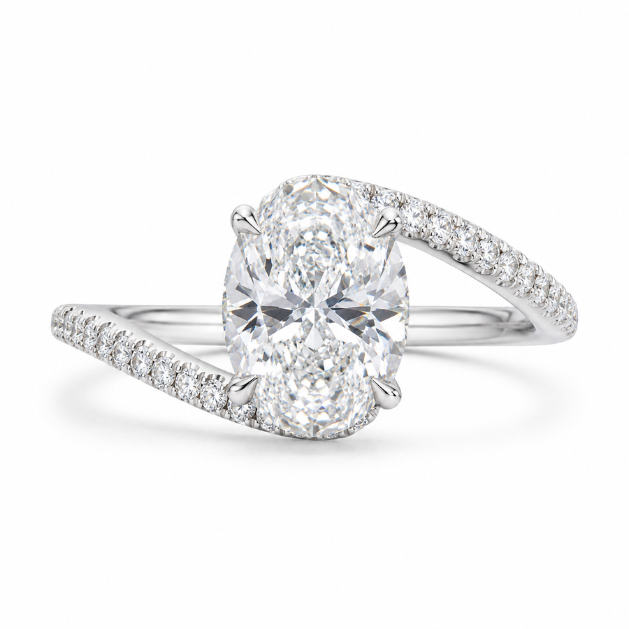 3.00 CT Oval Lab-Grown Diamond Hidden Halo Engagement Ring in 14K White Gold – Twisted Bypass Pavé Design | IGI Certified