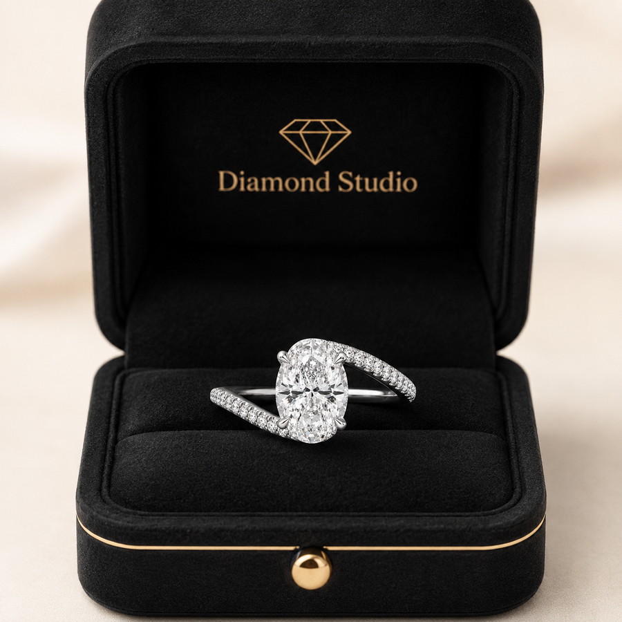 3.00 CT Oval Lab-Grown Diamond Hidden Halo Engagement Ring in 14K White Gold – Twisted Bypass Pavé Design | IGI Certified