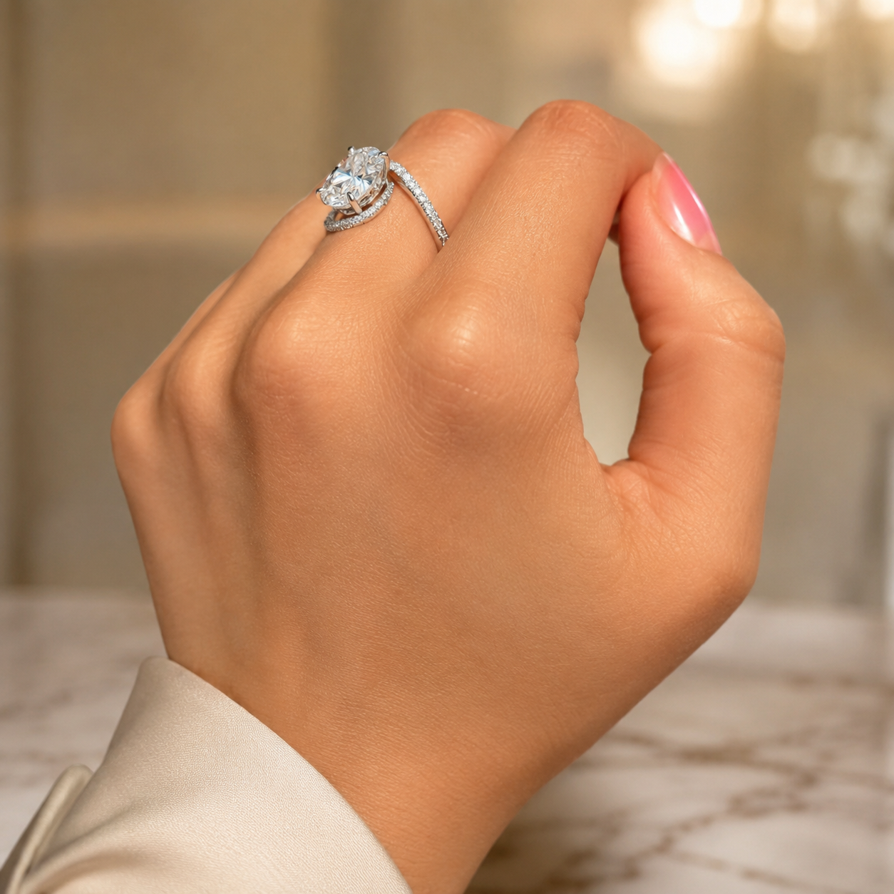 3.00 CT Oval Lab-Grown Diamond Hidden Halo Engagement Ring in 14K White Gold – Twisted Bypass Pavé Design | IGI Certified
