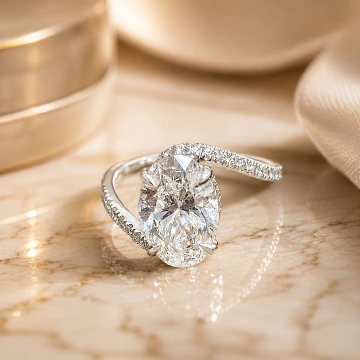 3.00 CT Oval Lab-Grown Diamond Hidden Halo Engagement Ring in 14K White Gold – Twisted Bypass Pavé Design | IGI Certified