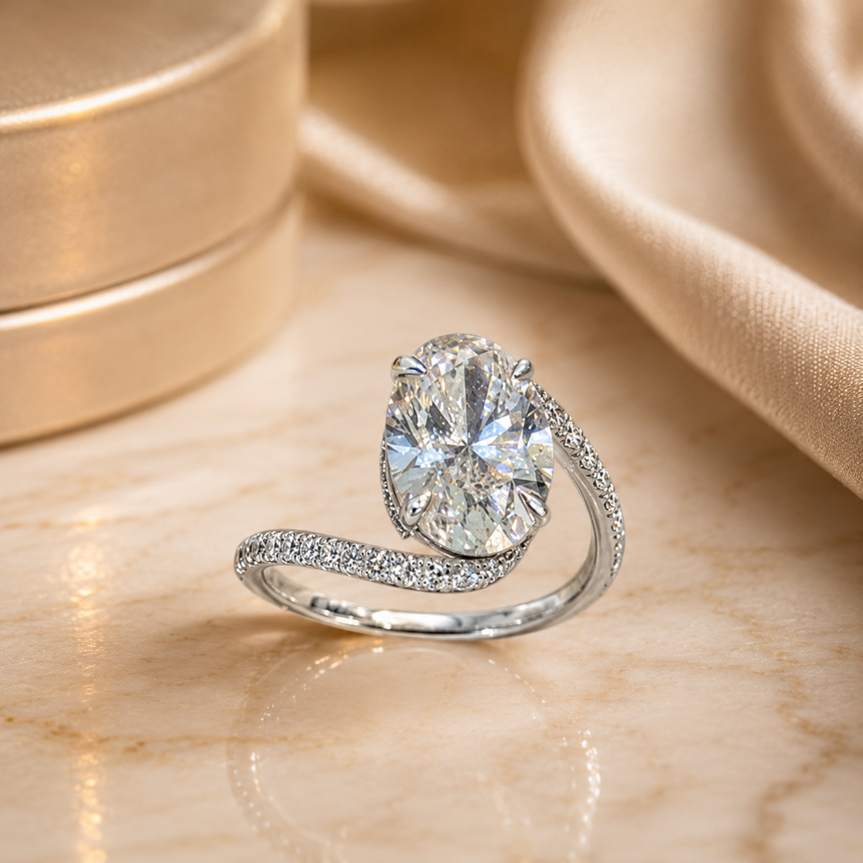 3.00 CT Oval Lab-Grown Diamond Hidden Halo Engagement Ring in 14K White Gold – Twisted Bypass Pavé Design | IGI Certified