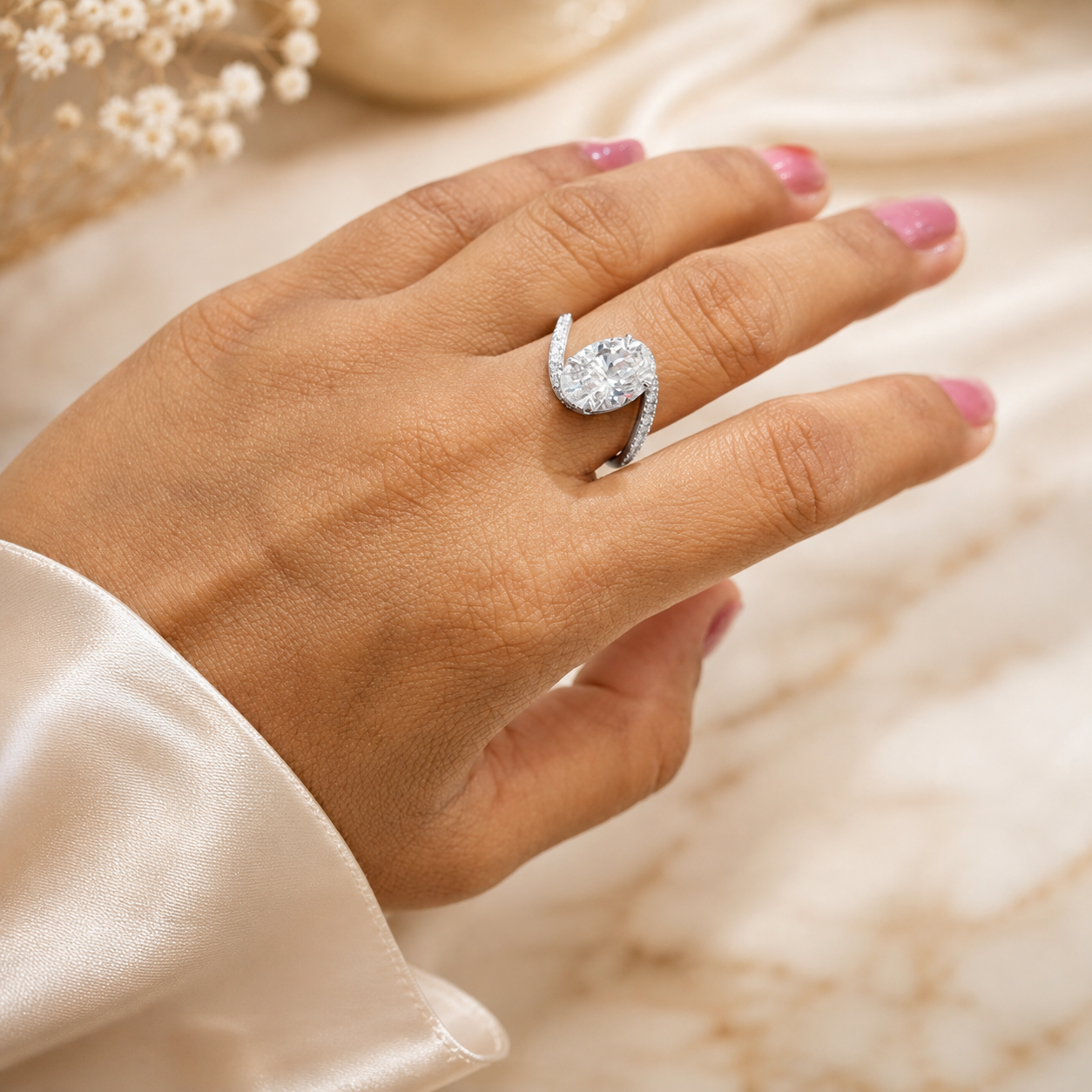 3.00 CT Oval Lab-Grown Diamond Hidden Halo Engagement Ring in 14K White Gold – Twisted Bypass Pavé Design | IGI Certified
