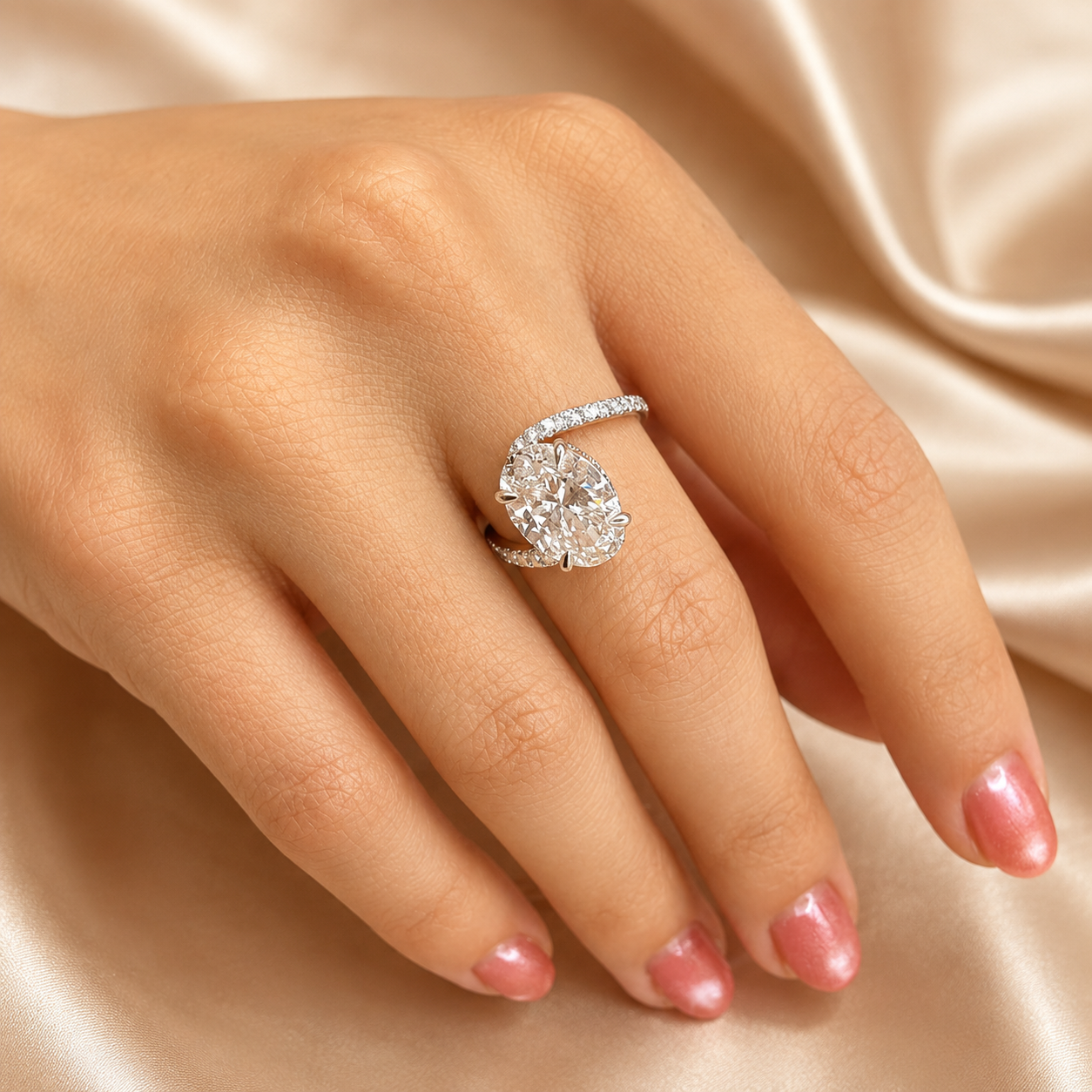 3.00 CT Oval Lab-Grown Diamond Hidden Halo Engagement Ring in 14K White Gold – Twisted Bypass Pavé Design | IGI Certified