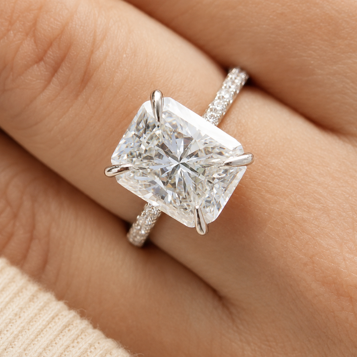 4.00 CT Radiant Cut Lab-Grown Diamond Double Hidden Halo Engagement Ring in 14K White Gold – Art Deco Solitaire Design