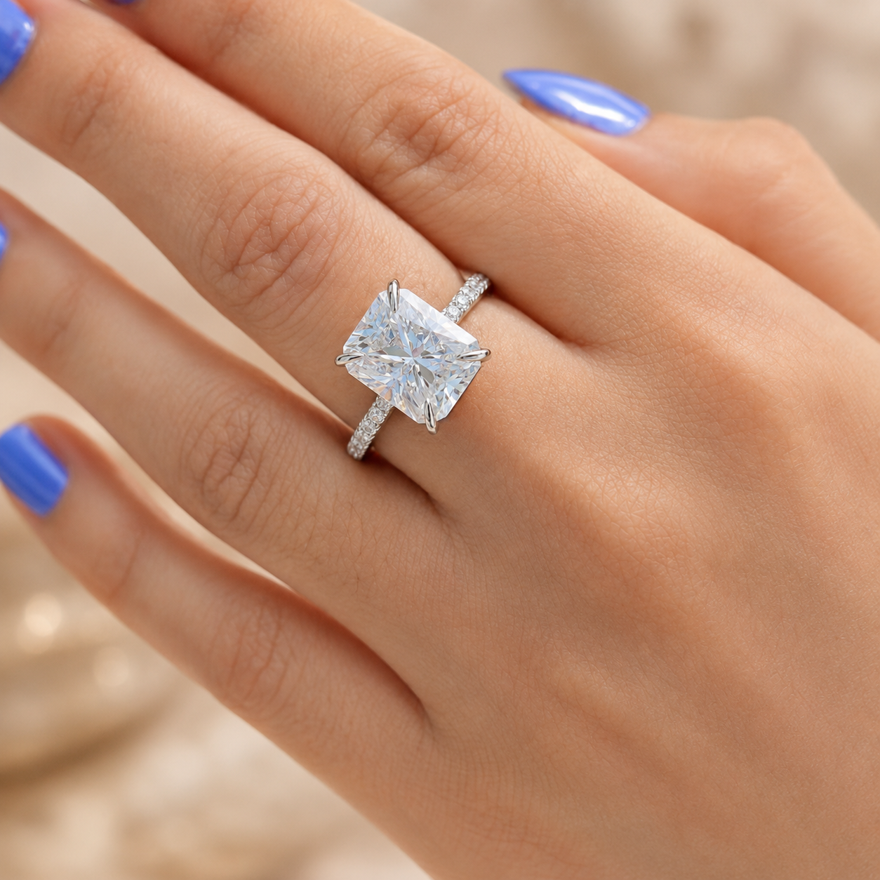 4.00 CT Radiant Cut Lab-Grown Diamond Double Hidden Halo Engagement Ring in 14K White Gold – Art Deco Solitaire Design
