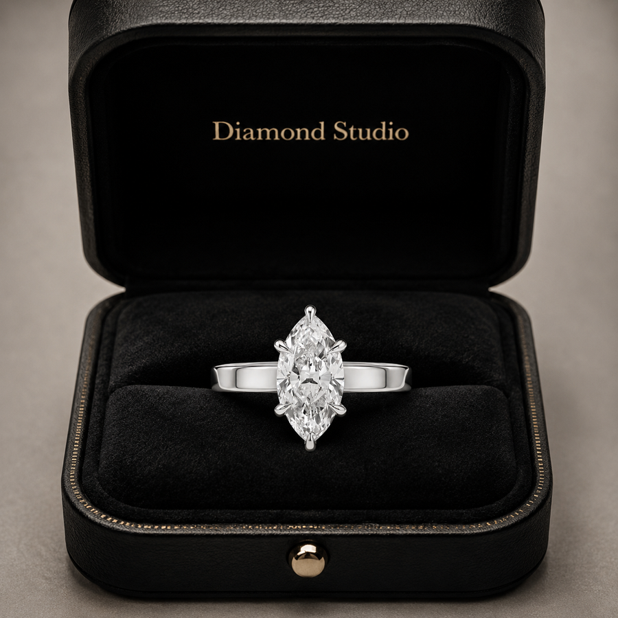 3.30 CT Marquise Lab-Grown Diamond Hidden Halo Engagement Ring in 14K White Gold – Wide Band Design | IGI Certified
