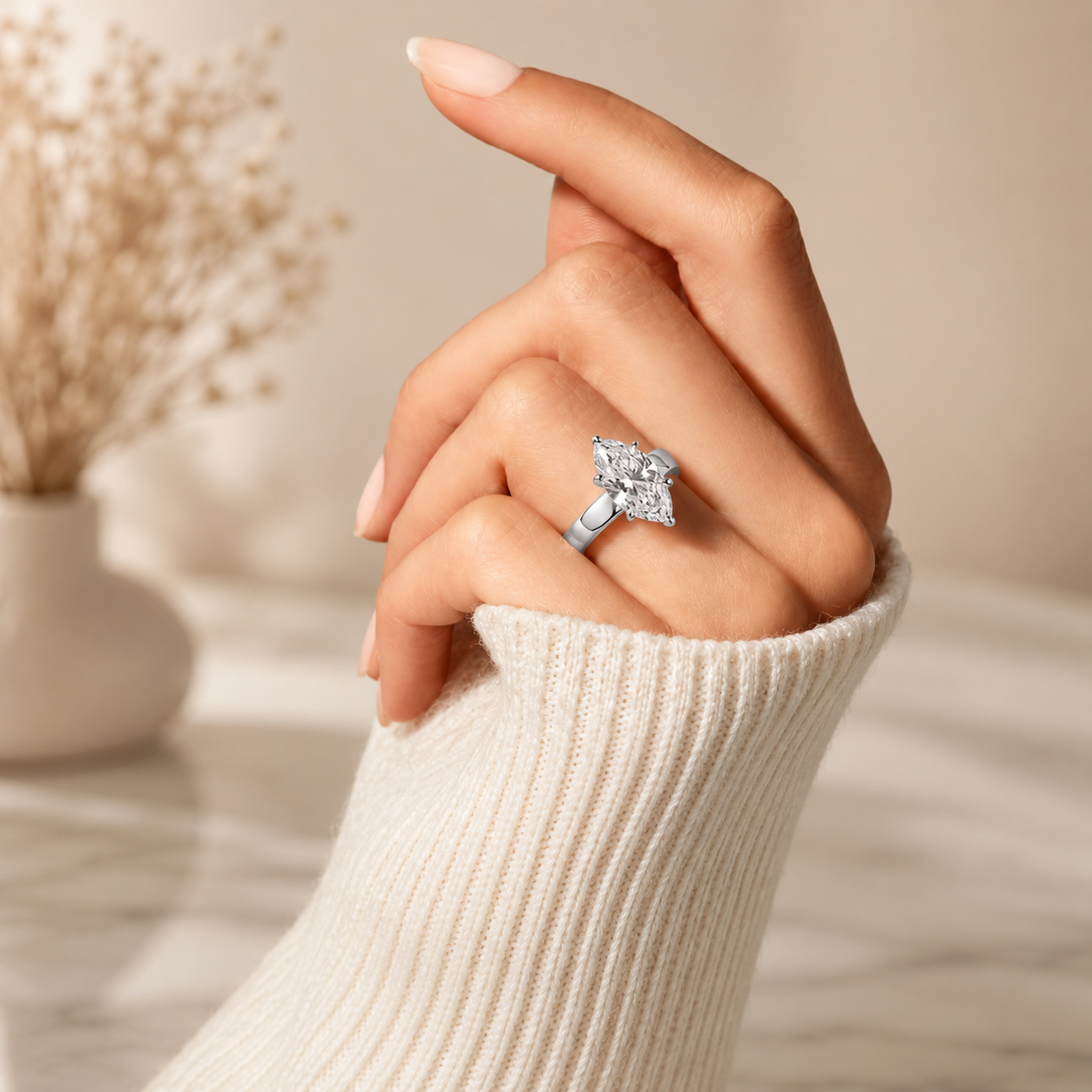 3.30 CT Marquise Lab-Grown Diamond Hidden Halo Engagement Ring in 14K White Gold – Wide Band Design | IGI Certified