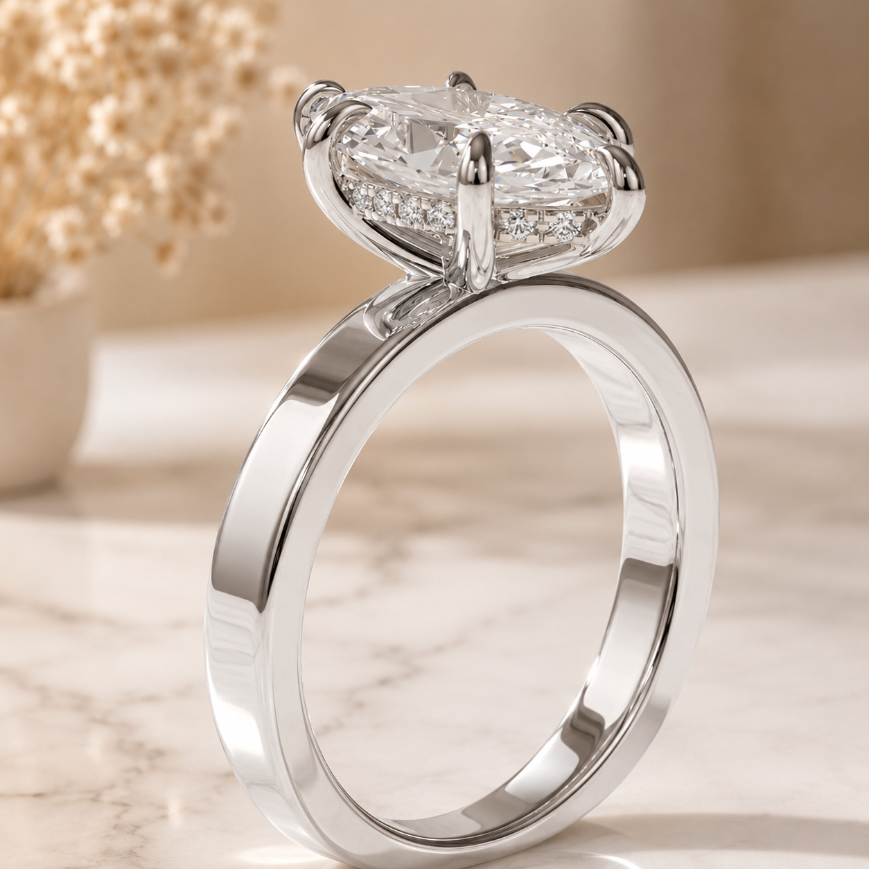 3.30 CT Marquise Lab-Grown Diamond Hidden Halo Engagement Ring in 14K White Gold – Wide Band Design | IGI Certified