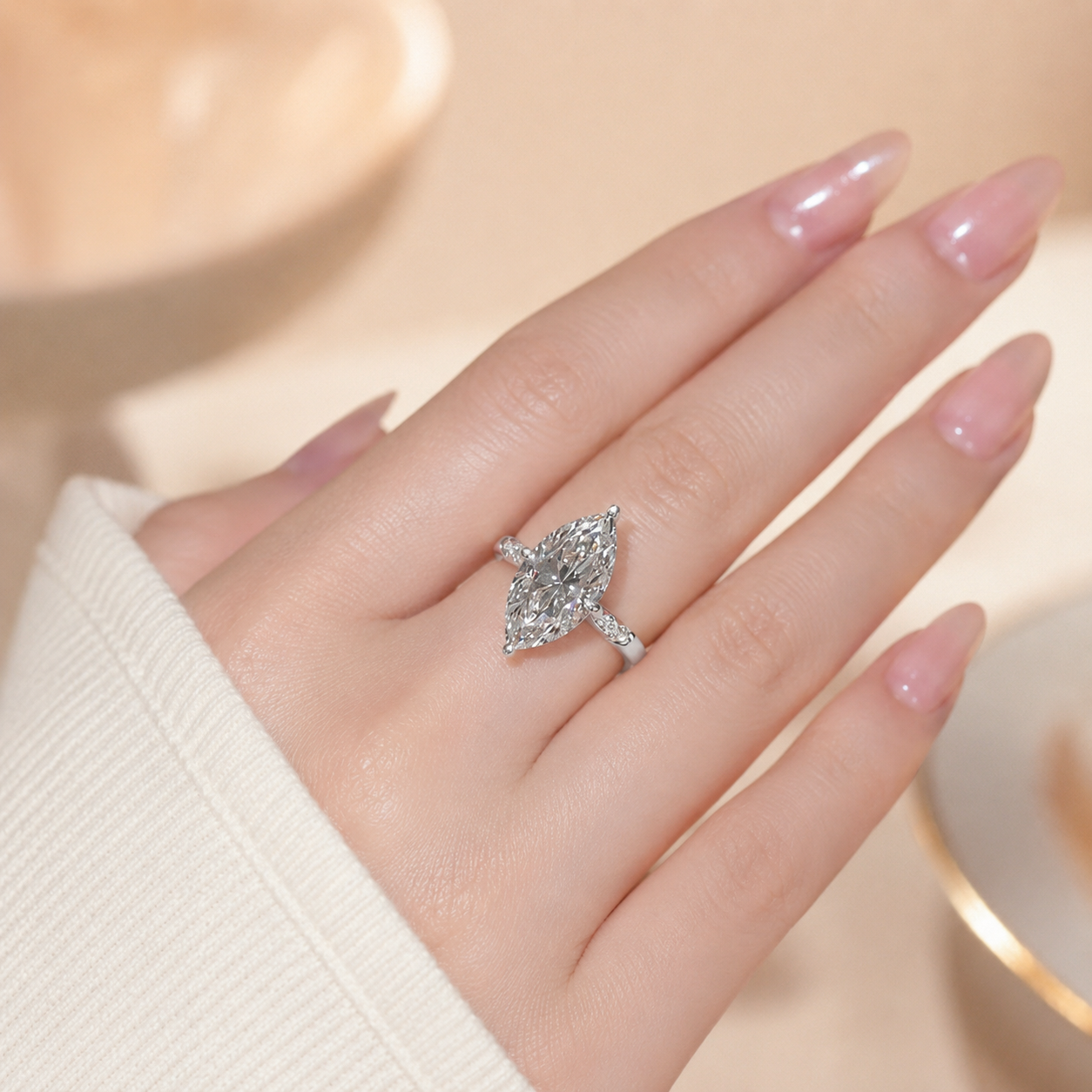 3.00 CT Marquise Lab-Grown Diamond Hidden Halo Engagement Ring in 14K White Gold – Pavé Cathedral Solitaire Design