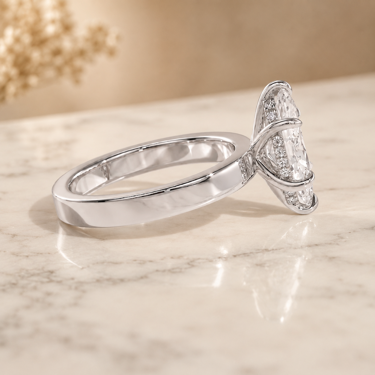 3.30 CT Marquise Lab-Grown Diamond Hidden Halo Engagement Ring in 14K White Gold – Wide Band Design | IGI Certified