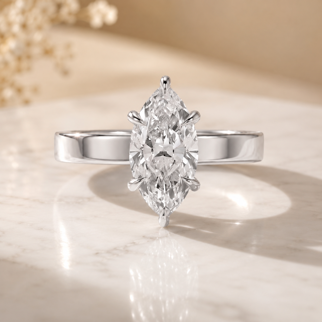 3.30 CT Marquise Lab-Grown Diamond Hidden Halo Engagement Ring in 14K White Gold – Wide Band Design | IGI Certified