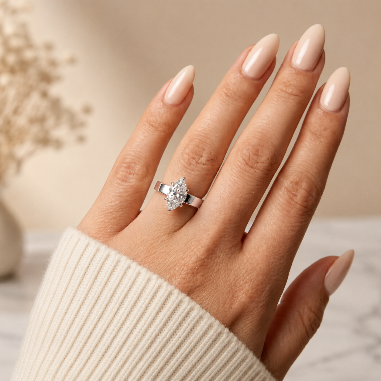 3.30 CT Marquise Lab-Grown Diamond Hidden Halo Engagement Ring in 14K White Gold – Wide Band Design | IGI Certified