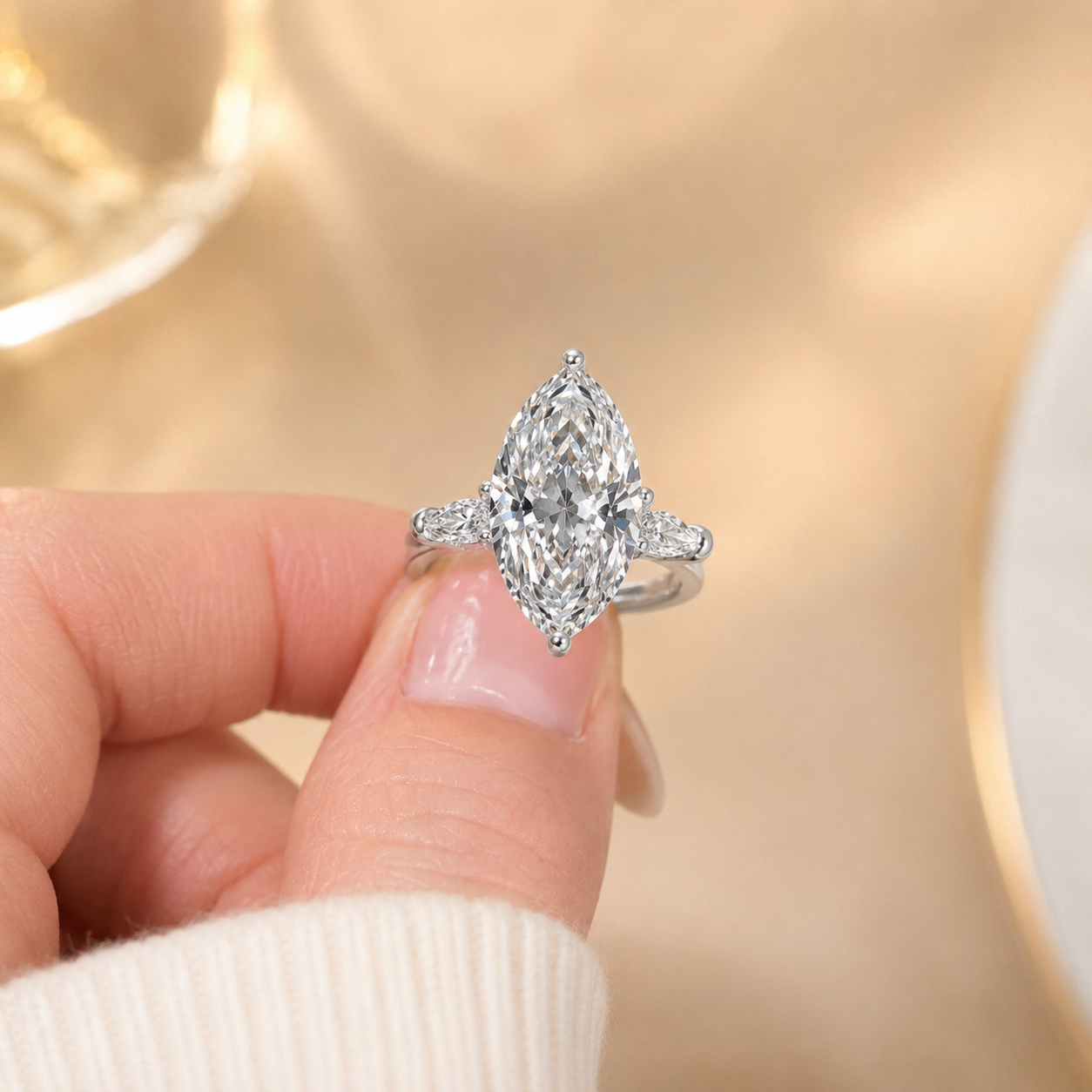 3.00 CT Marquise Lab-Grown Diamond Hidden Halo Engagement Ring in 14K White Gold – Pavé Cathedral Solitaire Design