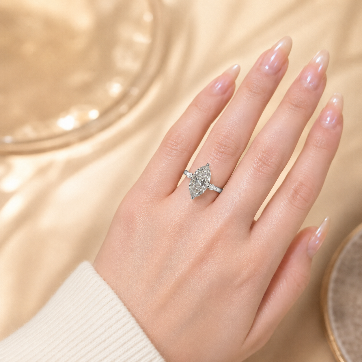 3.00 CT Marquise Lab-Grown Diamond Hidden Halo Engagement Ring in 14K White Gold – Pavé Cathedral Solitaire Design