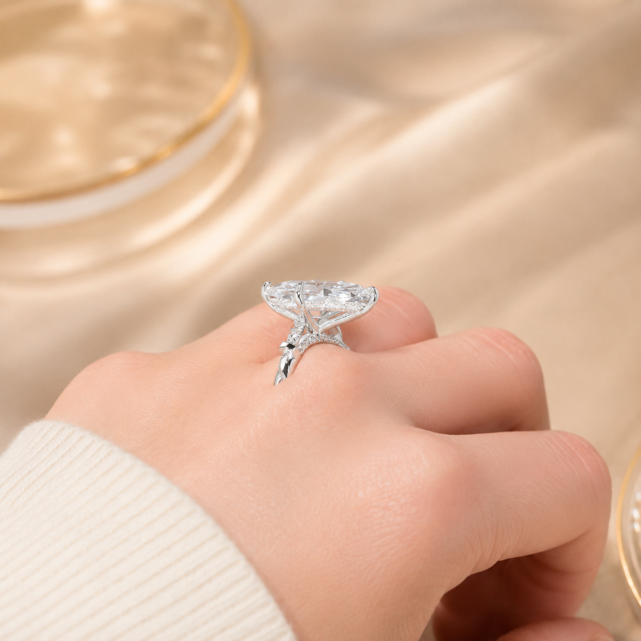 3.00 CT Marquise Lab-Grown Diamond Hidden Halo Engagement Ring in 14K White Gold – Pavé Cathedral Solitaire Design