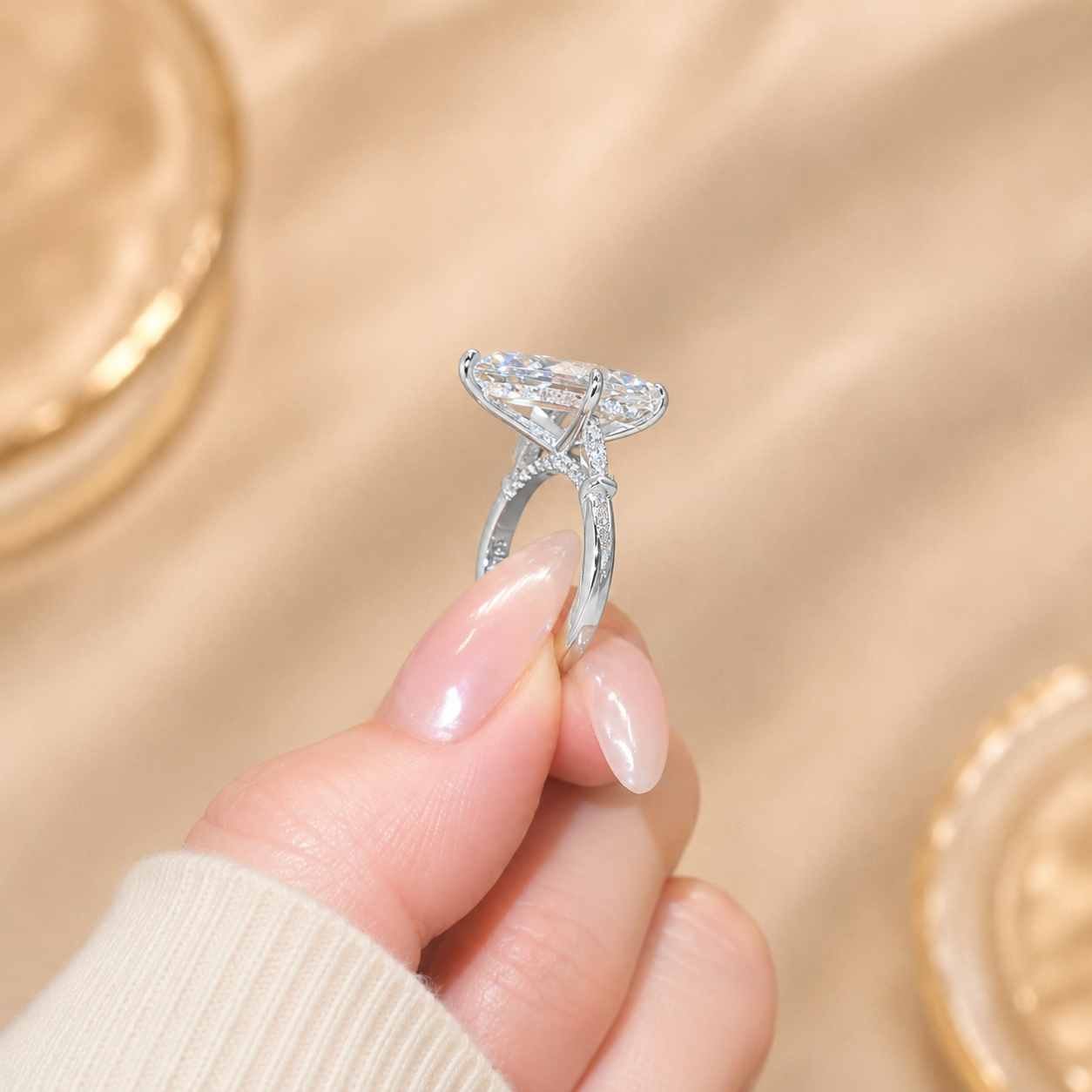 3.00 CT Marquise Lab-Grown Diamond Hidden Halo Engagement Ring in 14K White Gold – Pavé Cathedral Solitaire Design