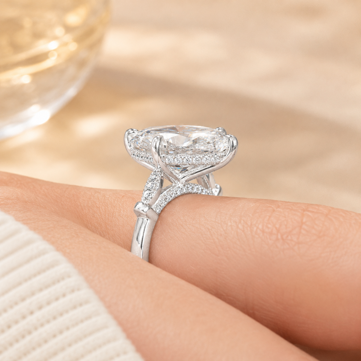 3.00 CT Marquise Lab-Grown Diamond Hidden Halo Engagement Ring in 14K White Gold – Pavé Cathedral Solitaire Design