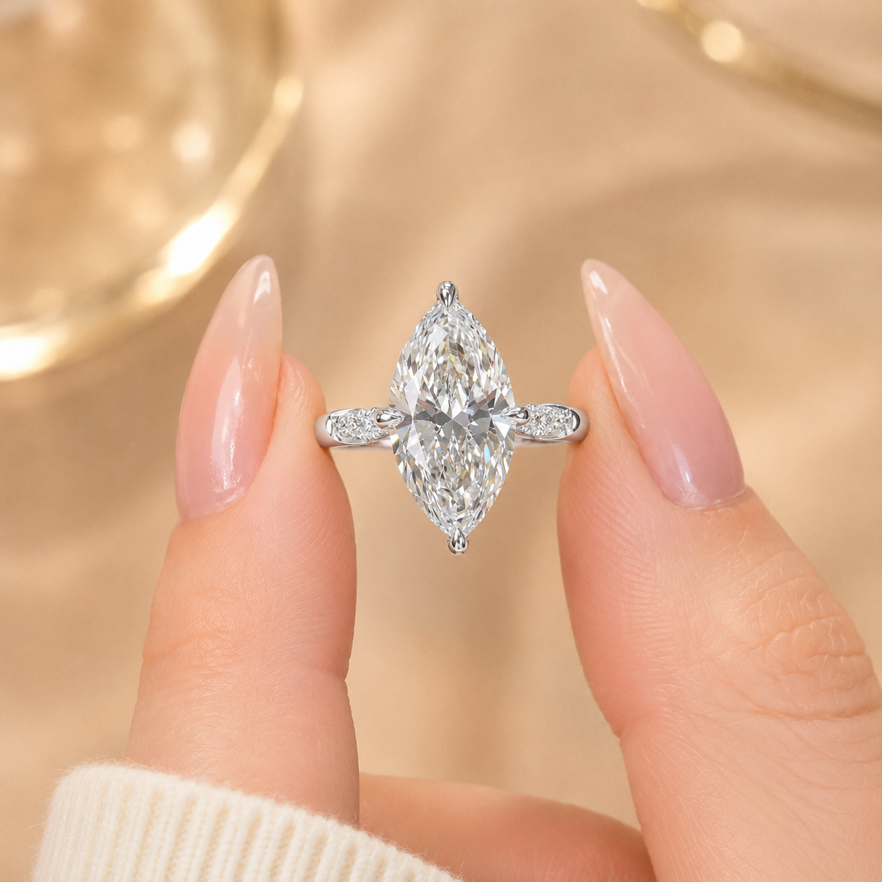 3.00 CT Marquise Lab-Grown Diamond Hidden Halo Engagement Ring in 14K White Gold – Pavé Cathedral Solitaire Design