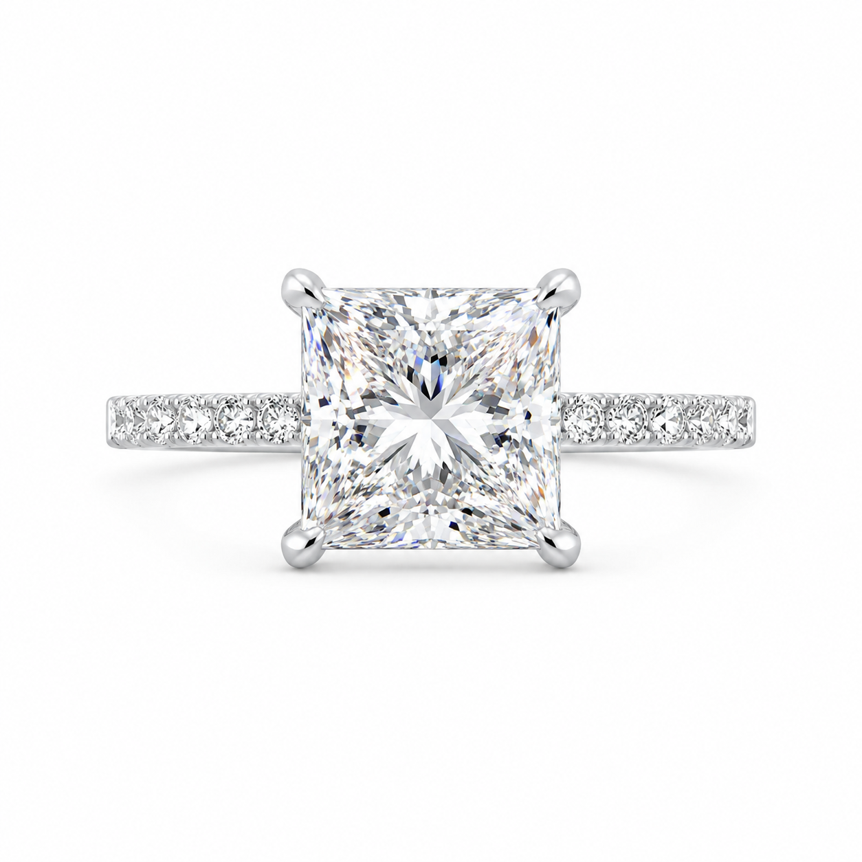 3.00 CT Princess Cut Lab-Grown Diamond Hidden Halo Engagement Ring in 14K White Gold – Pavé Eternity Band Design