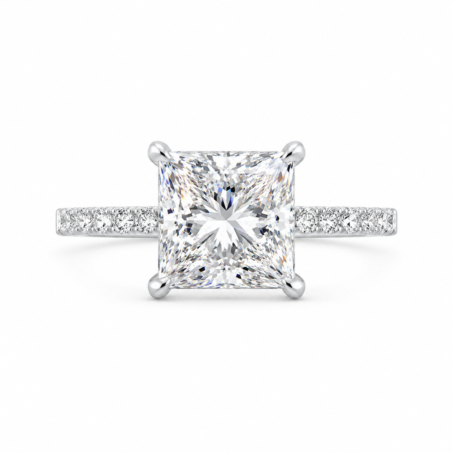 3.00 CT Princess Cut Lab-Grown Diamond Hidden Halo Engagement Ring in 14K White Gold – Pavé Eternity Band Design