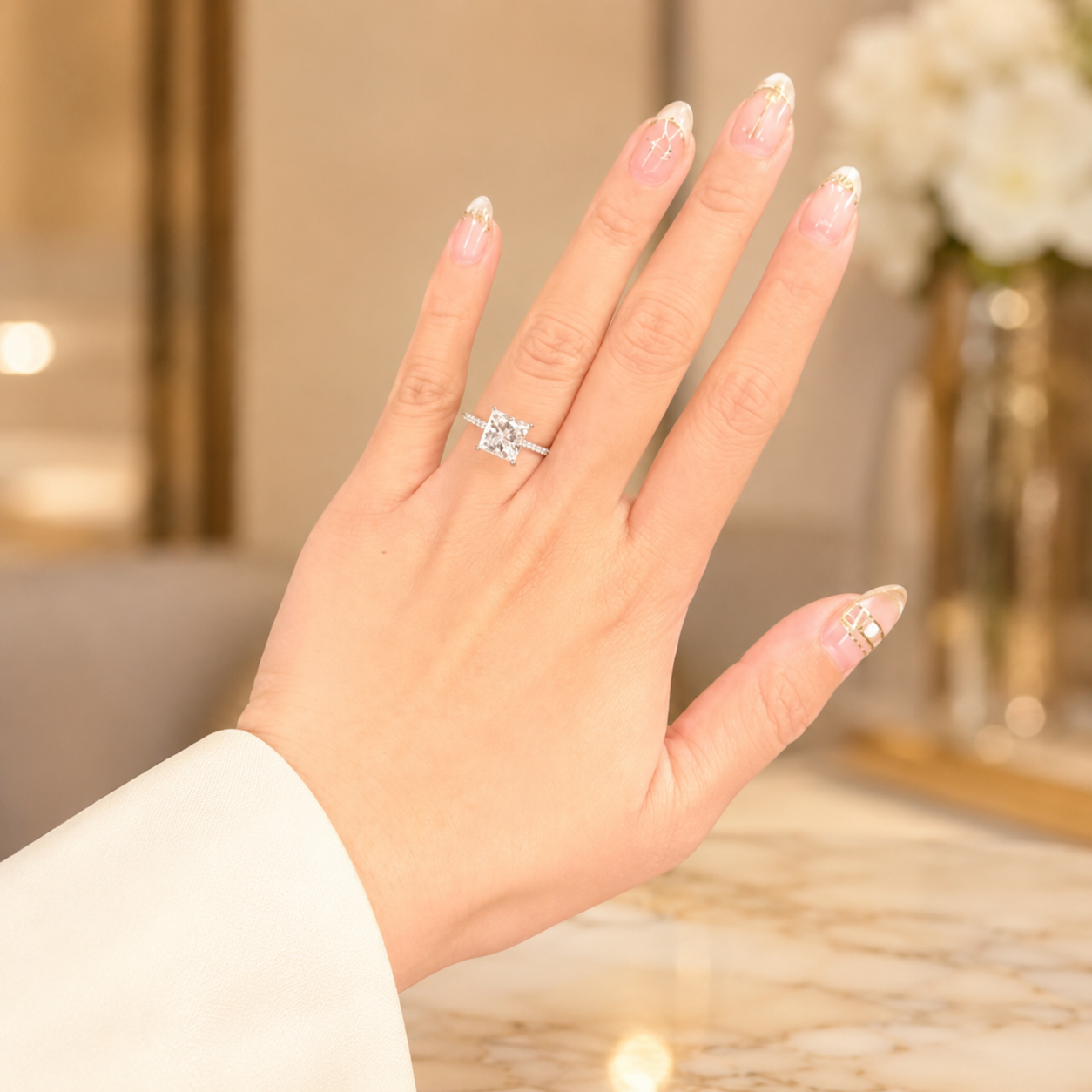 3.00 CT Princess Cut Lab-Grown Diamond Hidden Halo Engagement Ring in 14K White Gold – Pavé Eternity Band Design