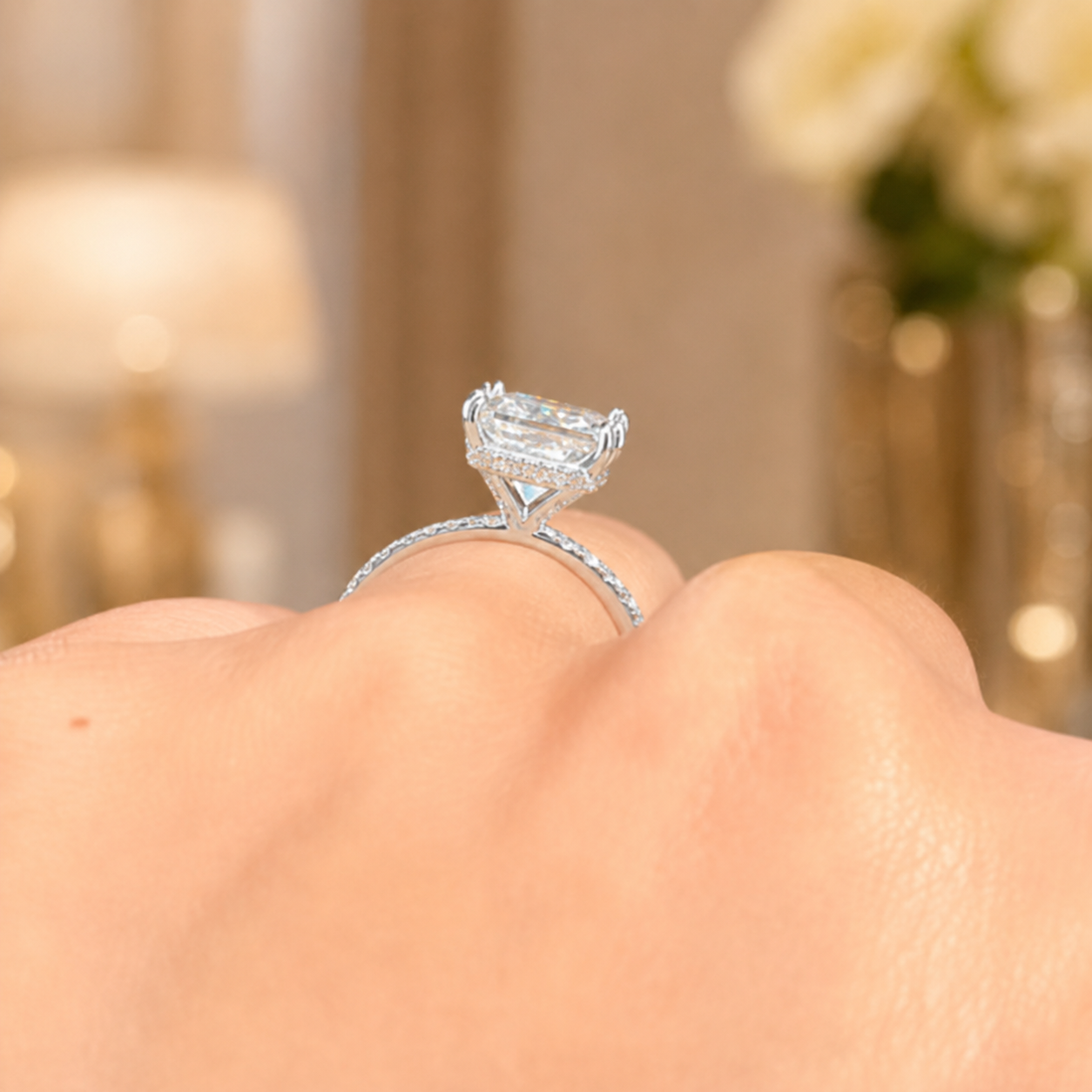 3.00 CT Princess Cut Lab-Grown Diamond Hidden Halo Engagement Ring in 14K White Gold – Pavé Eternity Band Design