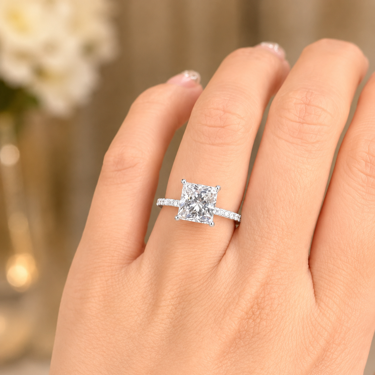 3.00 CT Princess Cut Lab-Grown Diamond Hidden Halo Engagement Ring in 14K White Gold – Pavé Eternity Band Design