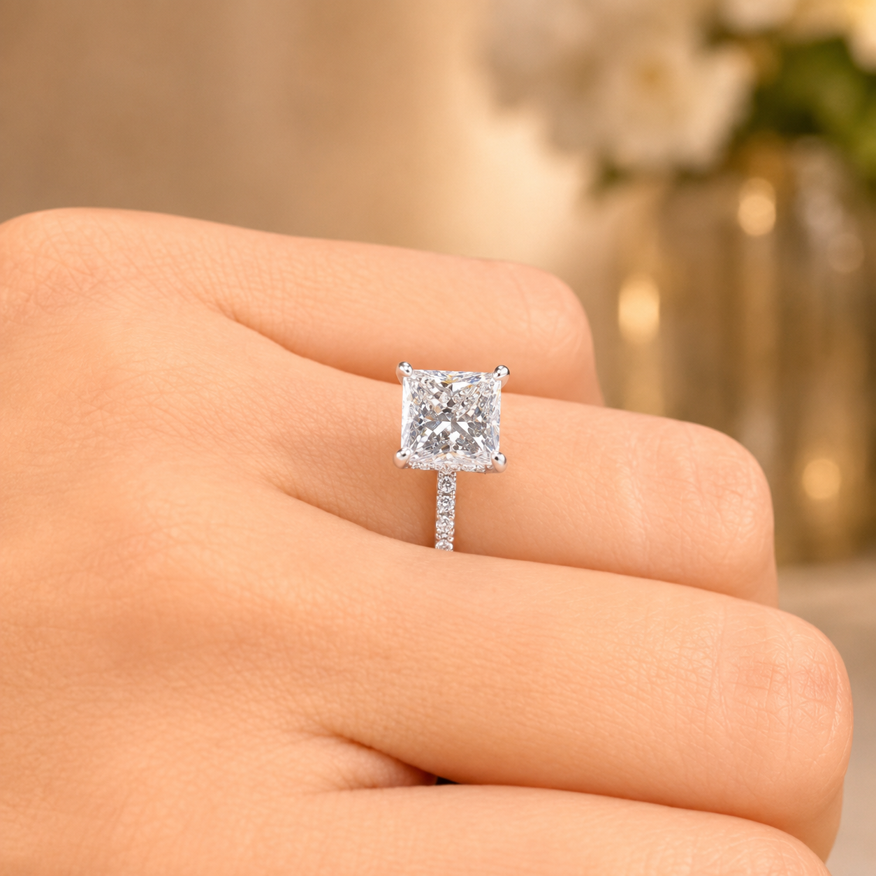 3.00 CT Princess Cut Lab-Grown Diamond Hidden Halo Engagement Ring in 14K White Gold – Pavé Eternity Band Design