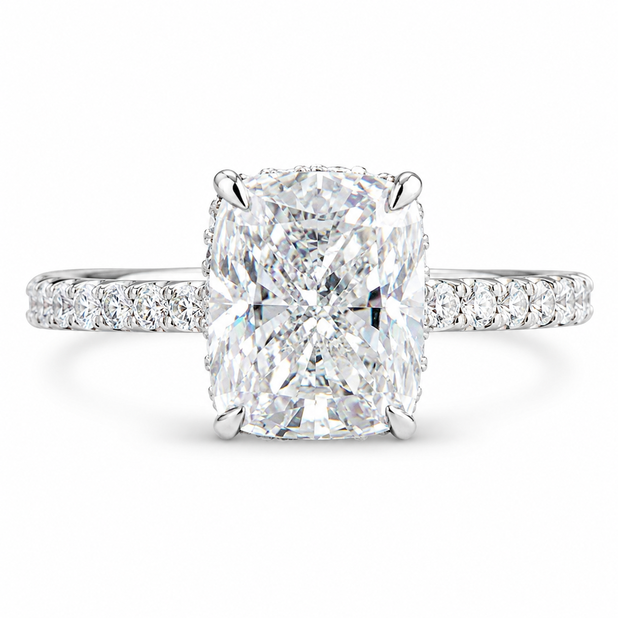 3.08 CT Cushion Cut Lab-Grown Diamond Hidden Halo Engagement Ring in 14K White Gold – Ice Crushed Bridal Design