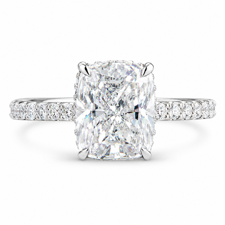 3.08 CT Cushion Cut Lab-Grown Diamond Hidden Halo Engagement Ring in 14K White Gold â€“ Ice Crushed Bridal Design from Diamond Studio