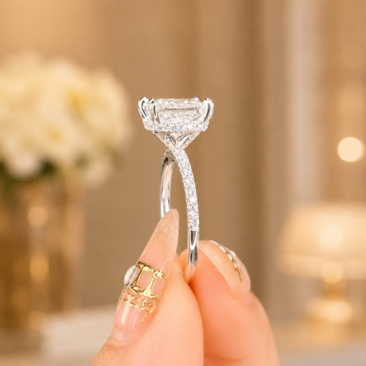 3.00 CT Princess Cut Lab-Grown Diamond Hidden Halo Engagement Ring in 14K White Gold – Pavé Eternity Band Design