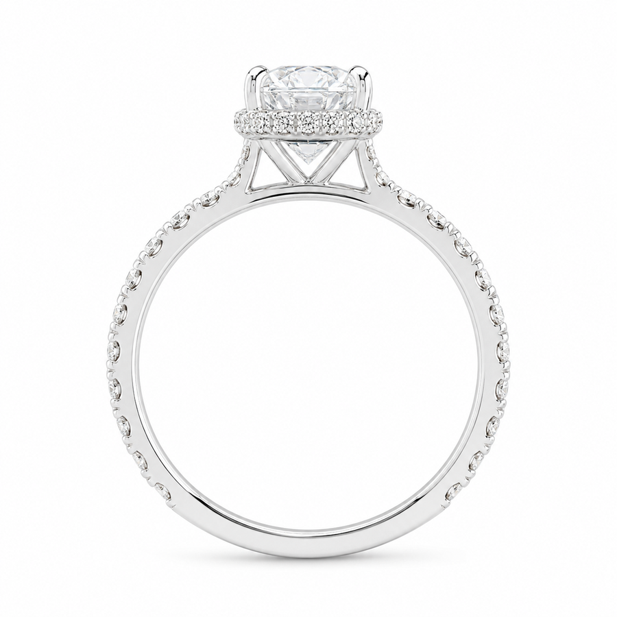 3.08 CT Cushion Cut Lab-Grown Diamond Hidden Halo Engagement Ring in 14K White Gold – Ice Crushed Bridal Design