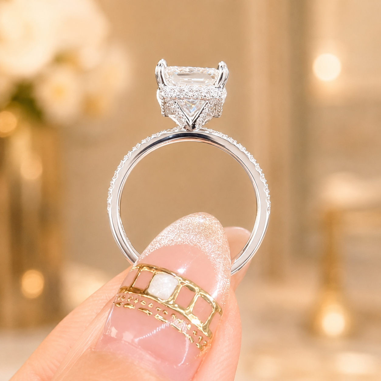 3.00 CT Princess Cut Lab-Grown Diamond Hidden Halo Engagement Ring in 14K White Gold – Pavé Eternity Band Design