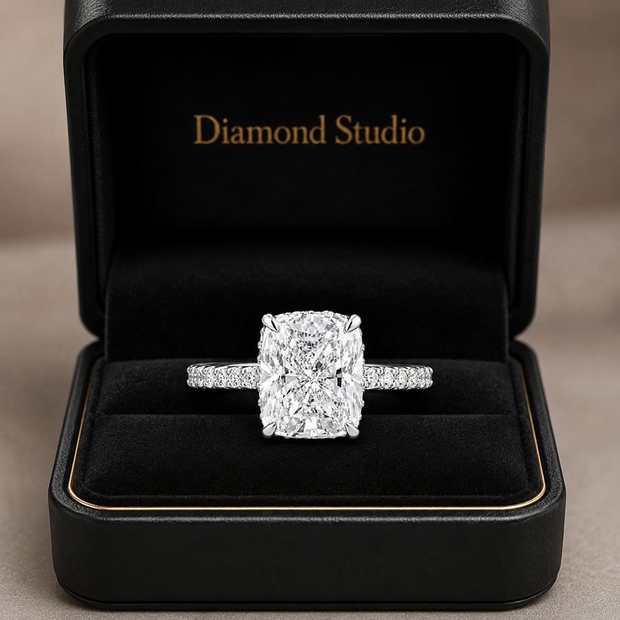 3.08 CT Cushion Cut Lab-Grown Diamond Hidden Halo Engagement Ring in 14K White Gold – Ice Crushed Bridal Design