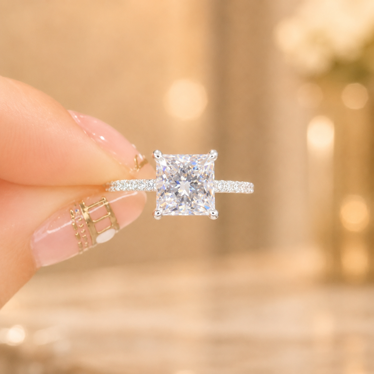 3.00 CT Princess Cut Lab-Grown Diamond Hidden Halo Engagement Ring in 14K White Gold – Pavé Eternity Band Design