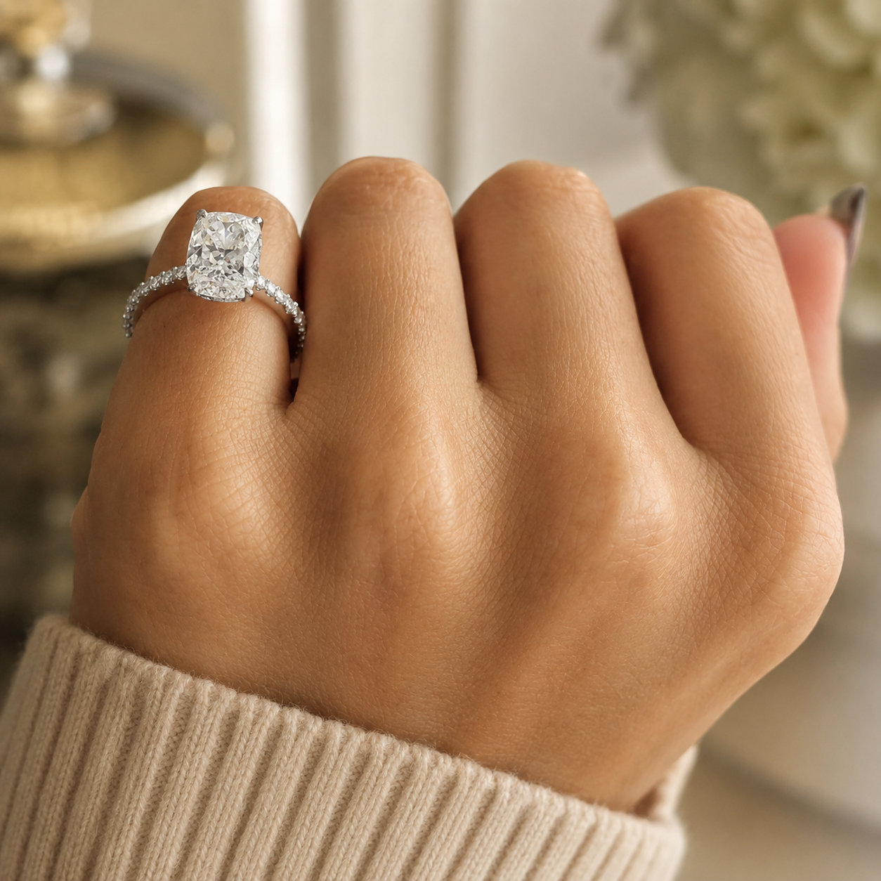 3.08 CT Cushion Cut Lab-Grown Diamond Hidden Halo Engagement Ring in 14K White Gold – Ice Crushed Bridal Design