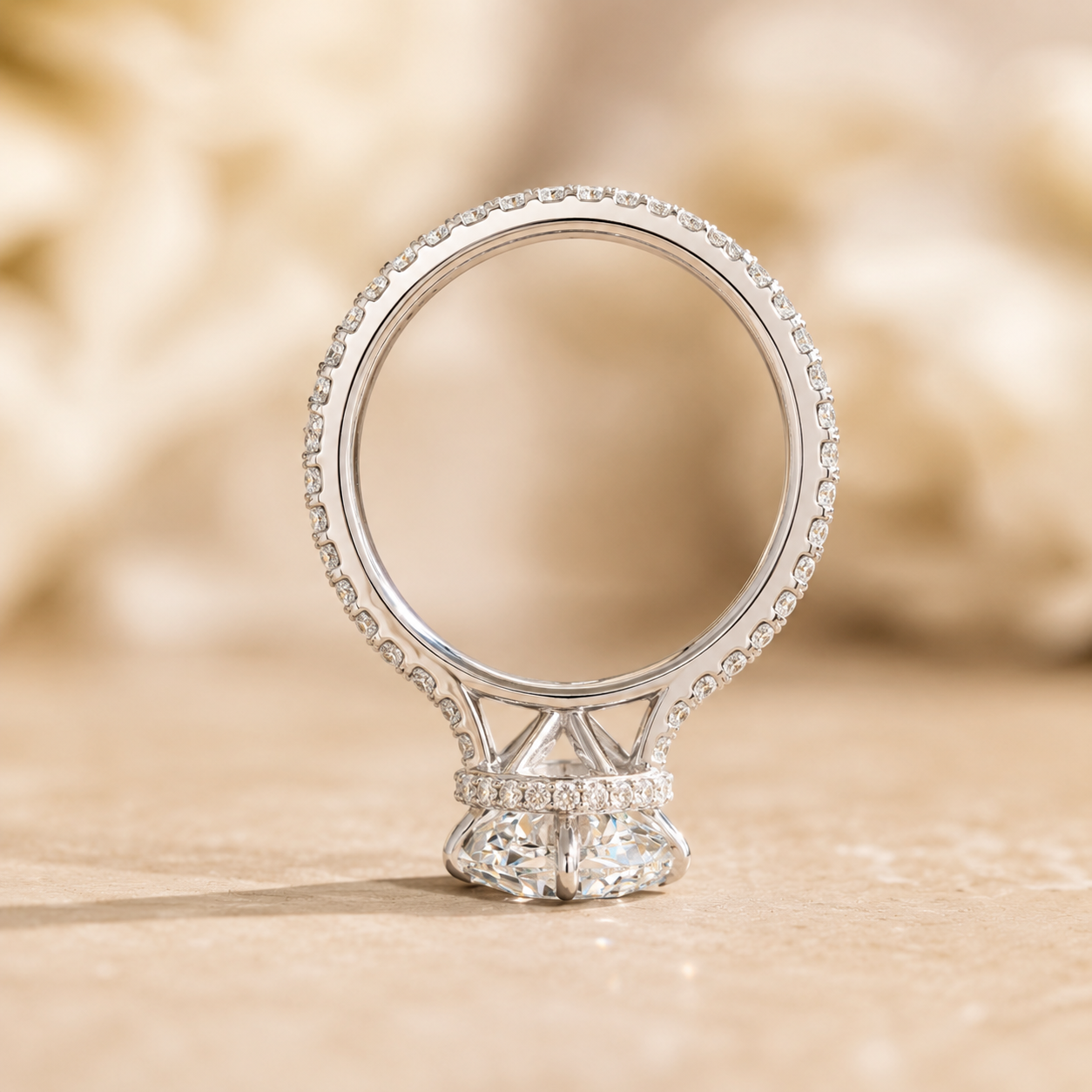 3.08 CT Cushion Cut Lab-Grown Diamond Hidden Halo Engagement Ring in 14K White Gold – Ice Crushed Bridal Design