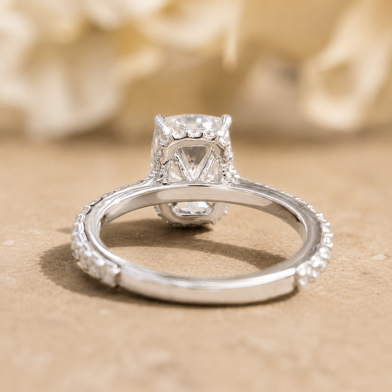 3.08 CT Cushion Cut Lab-Grown Diamond Hidden Halo Engagement Ring in 14K White Gold – Ice Crushed Bridal Design